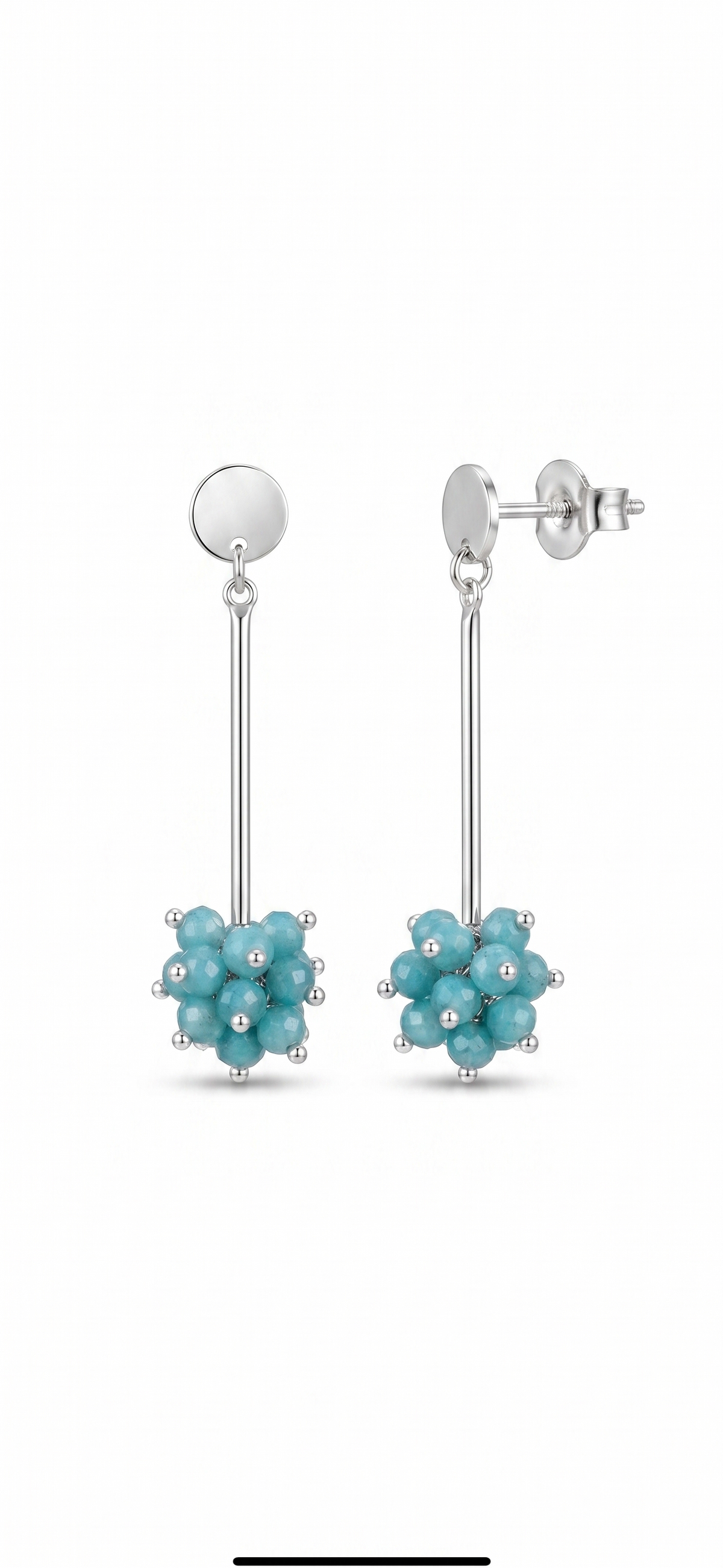 Aros Largos Racimo Turquesa Enchape plata 5 cms