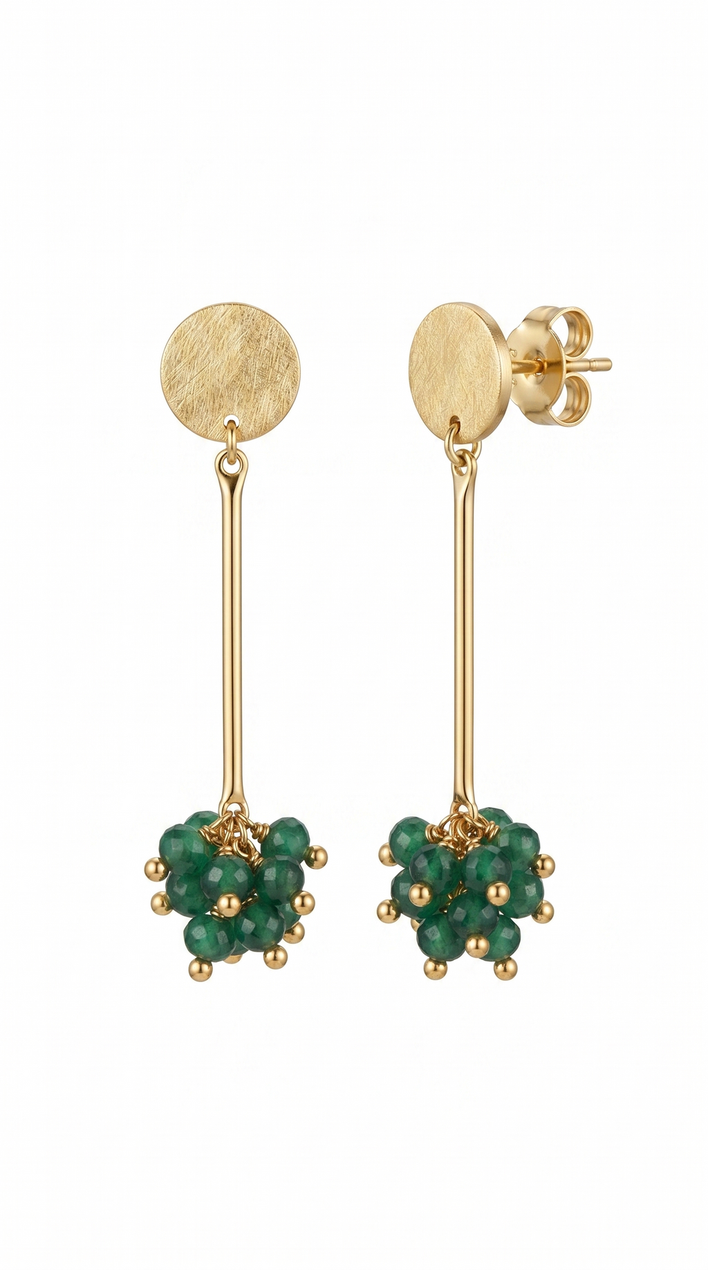 Aros Largos Racimo Verde Enchape Oro 5 cms