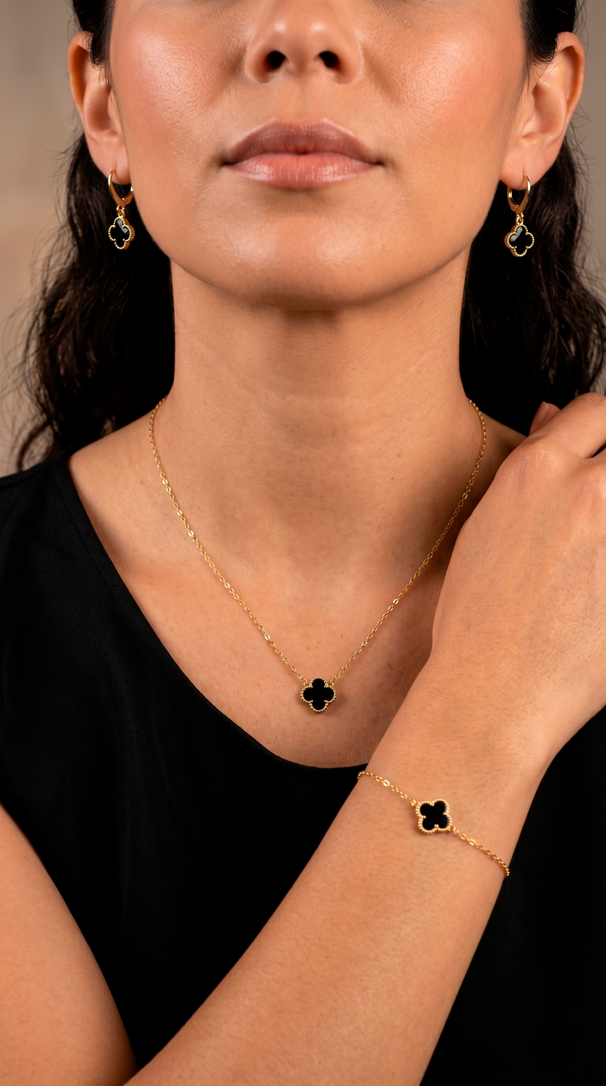 Conjunto 3 piezas Trébol Negro Enchape Oro
