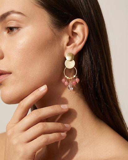 Aros Doble Base Ágatas Rosa Enchape Oro