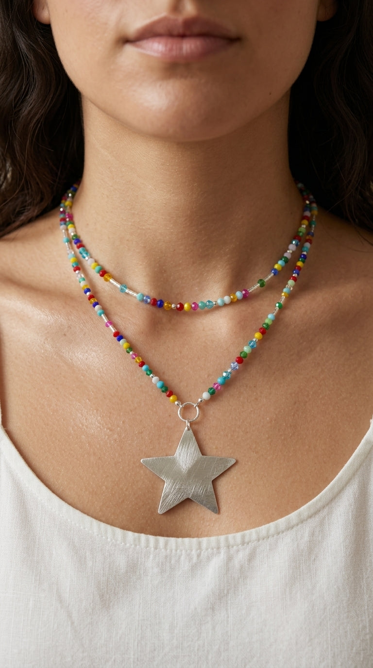 Collar Largo Cristales de Colores y Estrella Plata
