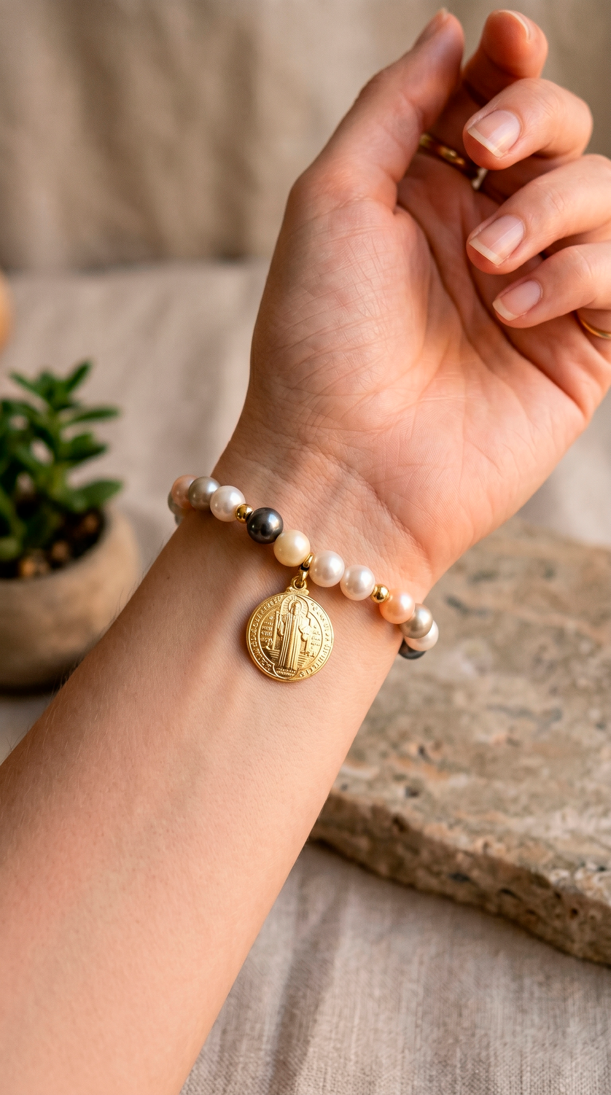 Pulsera Perlas Shell Colores y Dije San Benito Enchape Oro