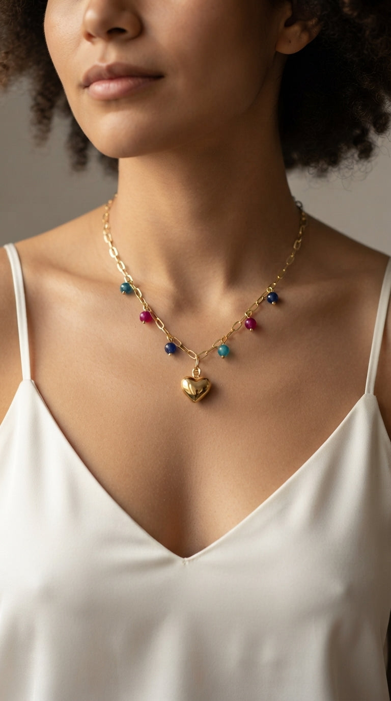 Collar Cristales Colores y Dije Corazón