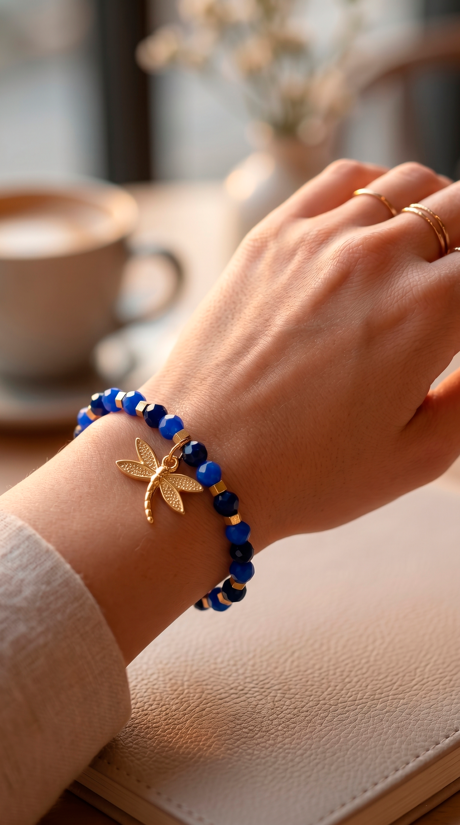Pulsera Cristales Azules y Dije Libélula Enchape Oro