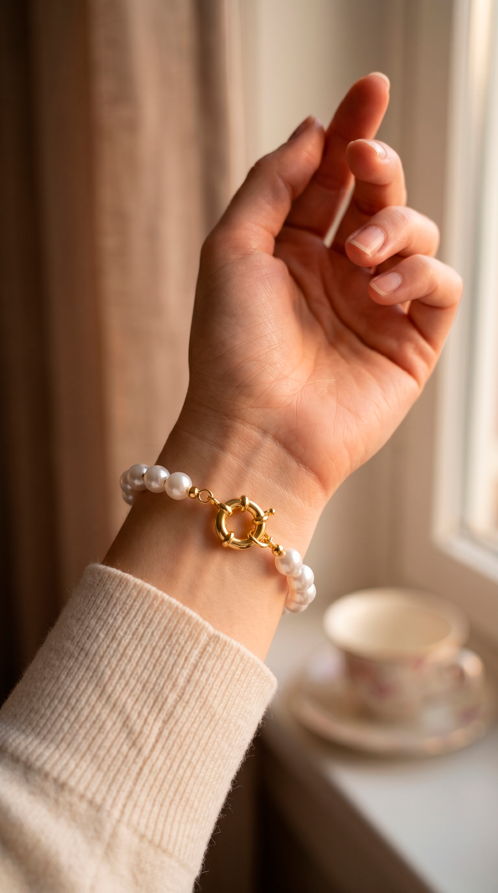 Pulsera Perlas Shell Blancas y Timón Enchape Oro