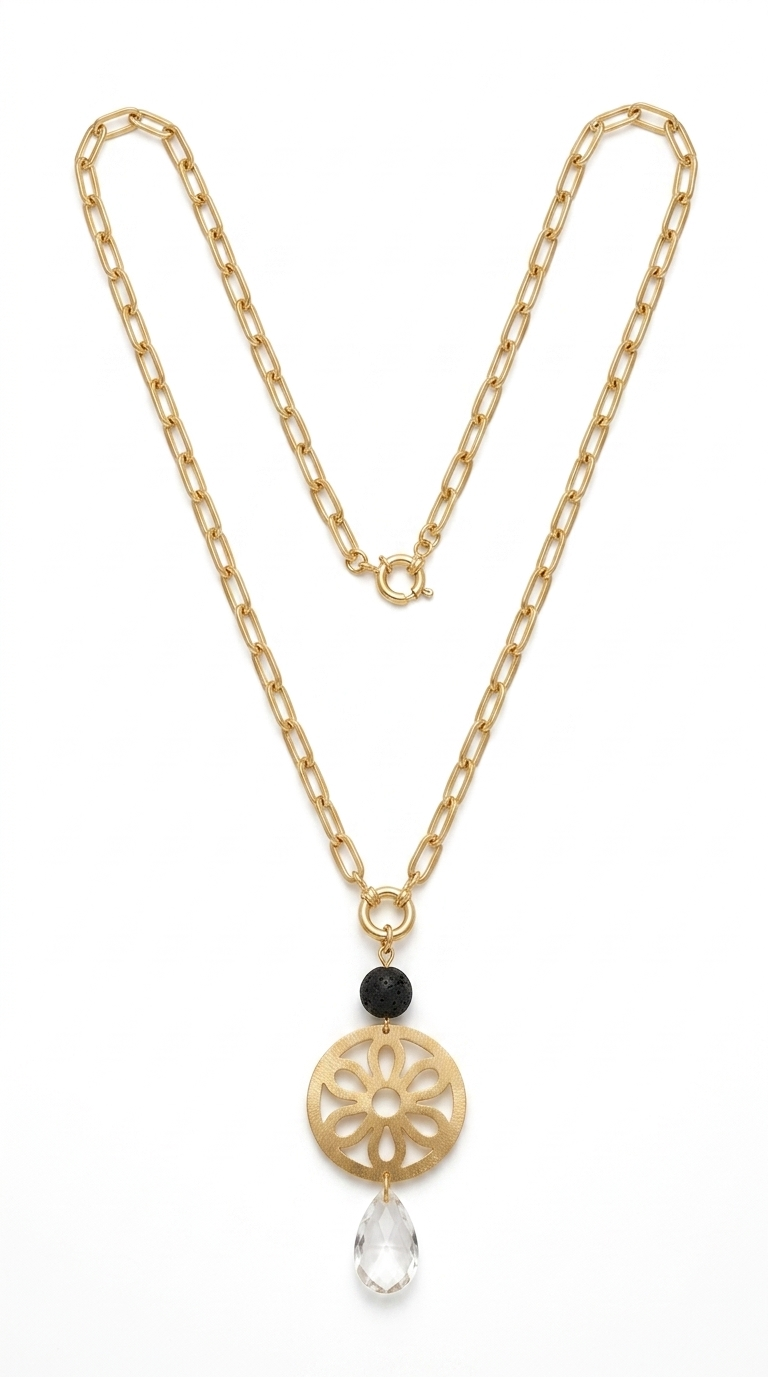 Collar Flor, Onix y Gota Cristal