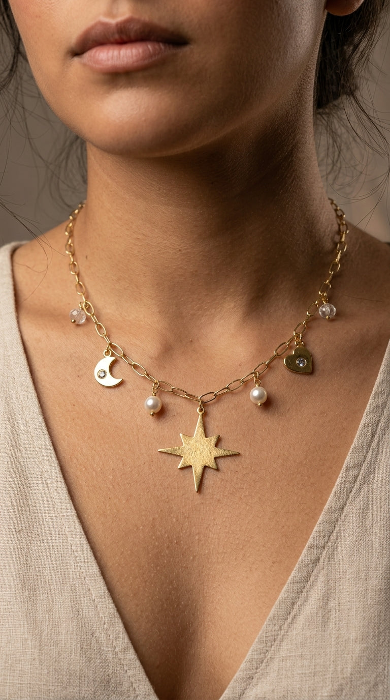 Collar Estrella Guía, Luna, Corazón con Perlas y Cristales