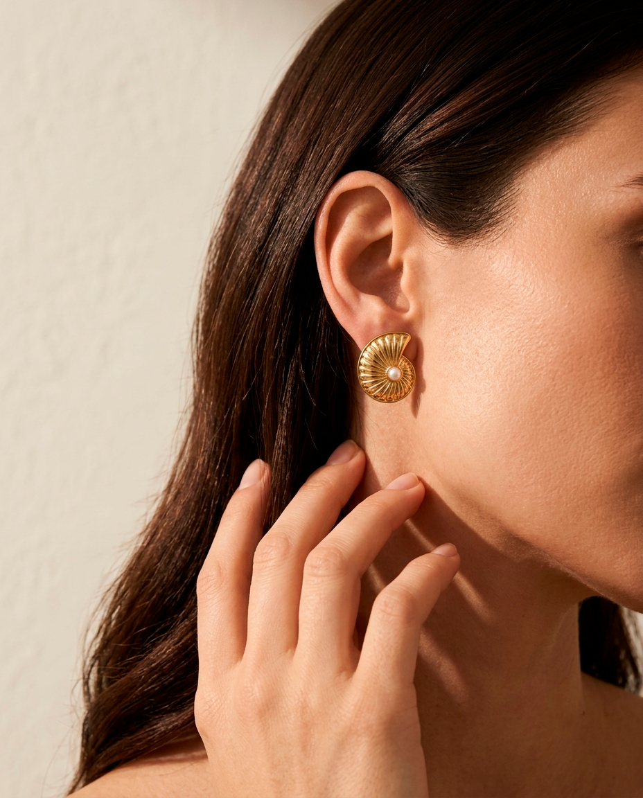 Aros Caracol Marino Con Perla Enchapado en Oro