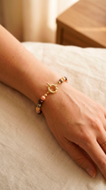 Pulsera Perlas Colores + Timón Enchape Oro