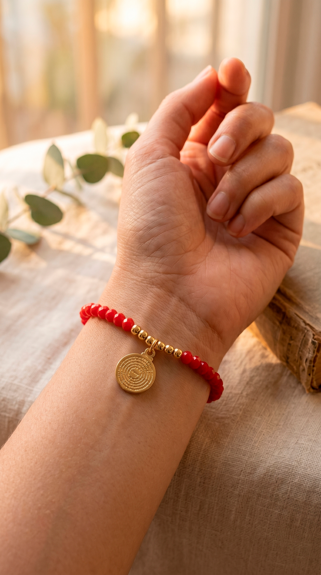 Pulsera Cristales Rojos y Dije Padre Nuestro Enchape Oro