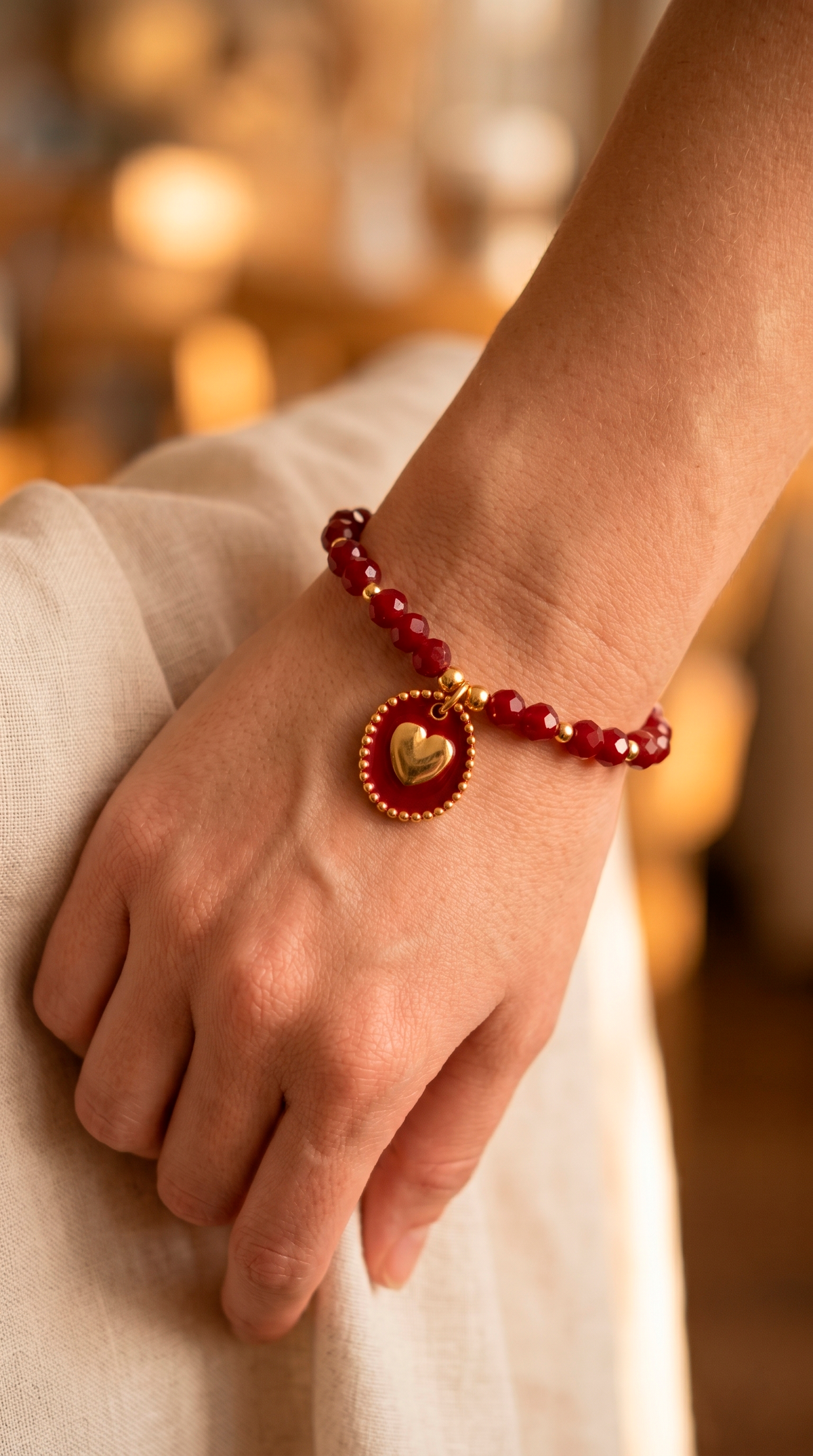 Pulsera Cristales Burdeo y Dije Corazón Esmaltado Enchape Oro