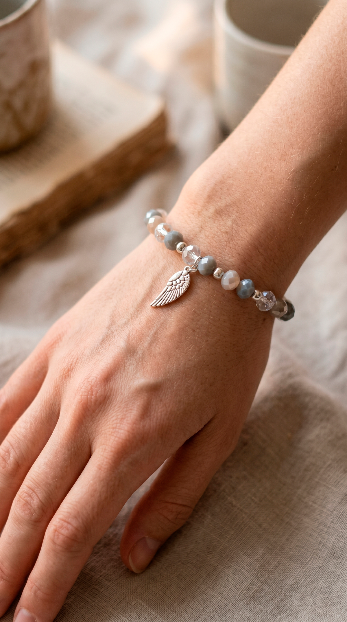 Pulsera Cristales Tonos Gris y Alita Enchape Plata
