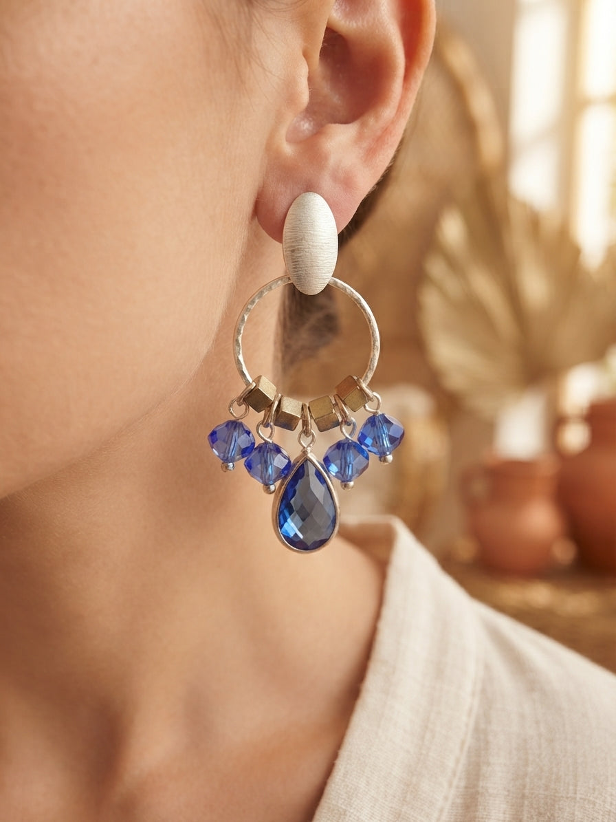 Aros argolla y Cristales Azules Enchape Plata
