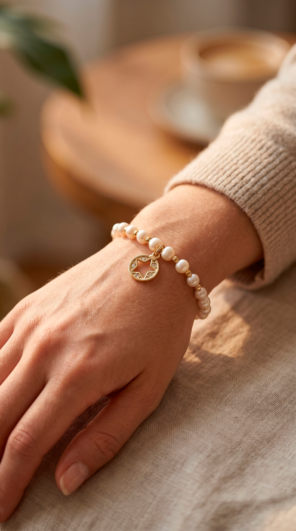 Pulsera Perlas de Rio y Dije Estrella Enchape Oro