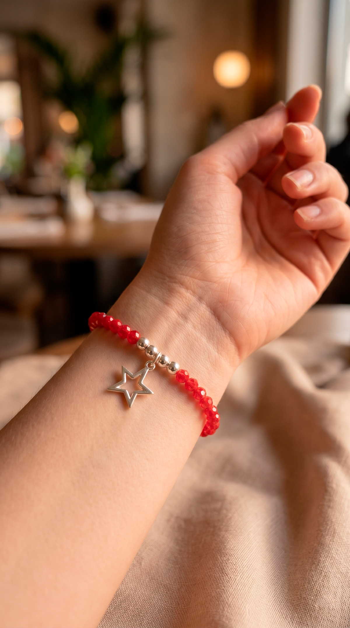 Pulsera Cristales Rojos + Dije Estrella Enchape Plata