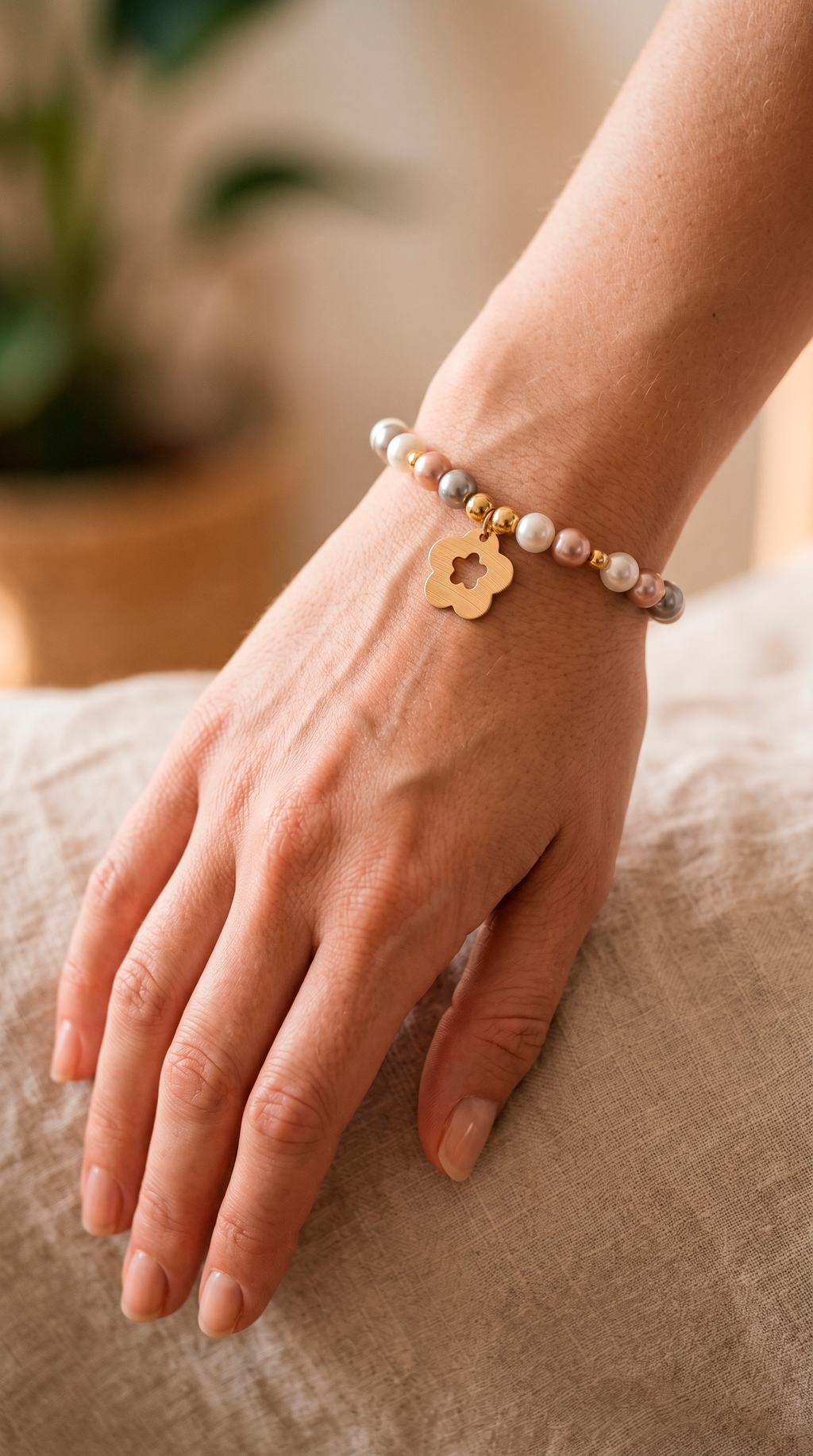 Pulsera Perlas Shell Colores y Flor Enchape Oro