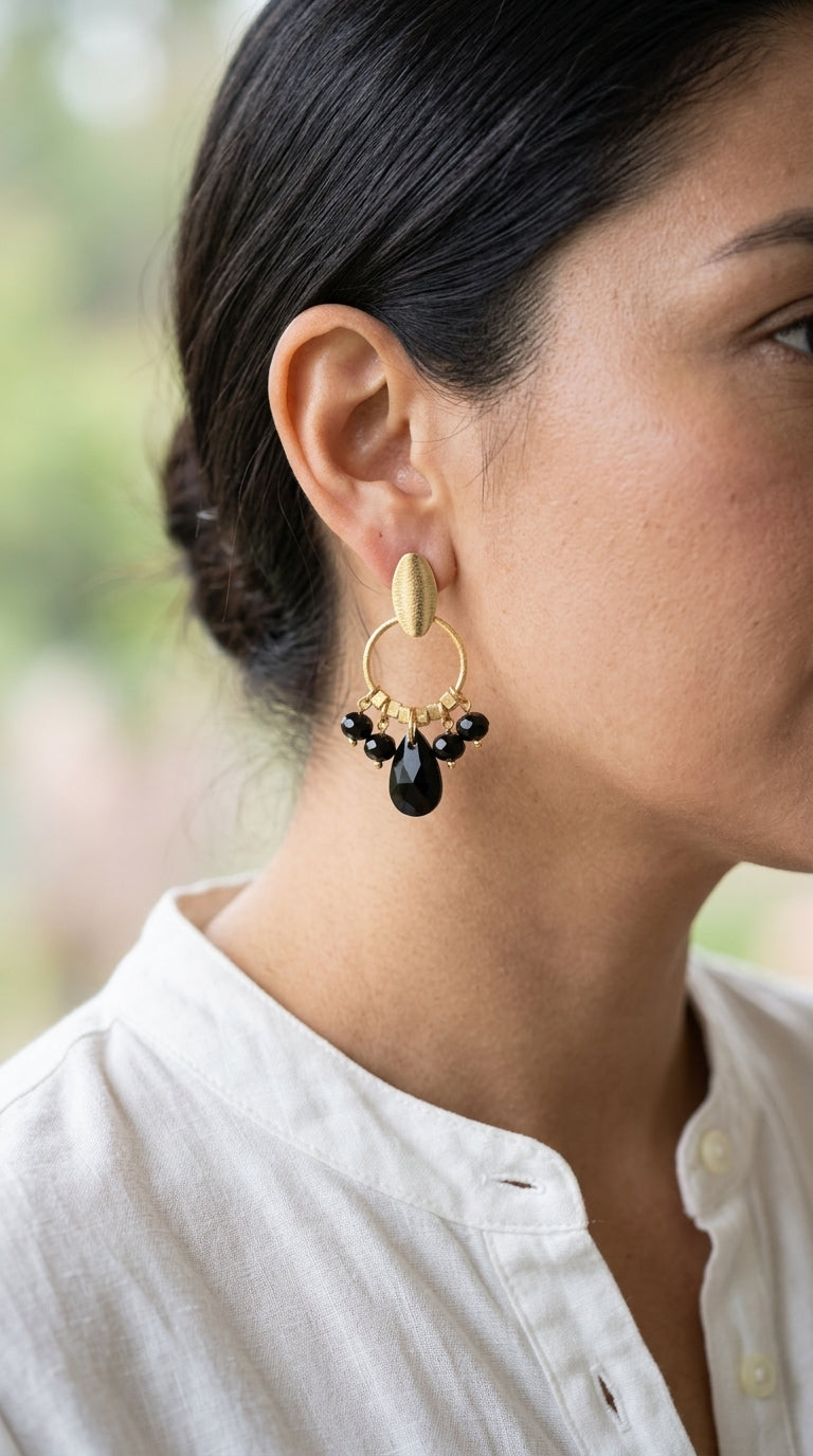 Aros Argolla y Cristales Negro Enchape Oro