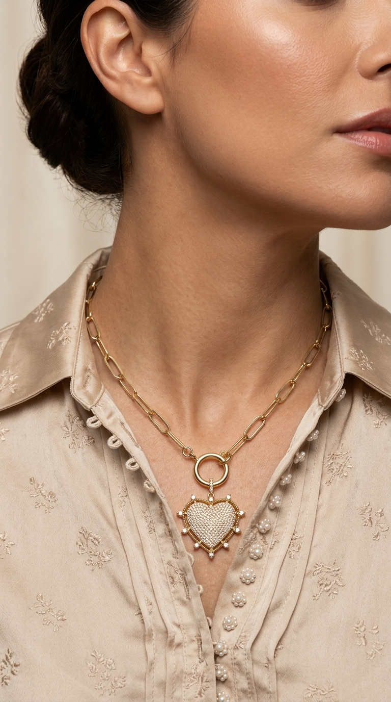 Collar Eslabones y Corazón Microcircones Enchape Oro.