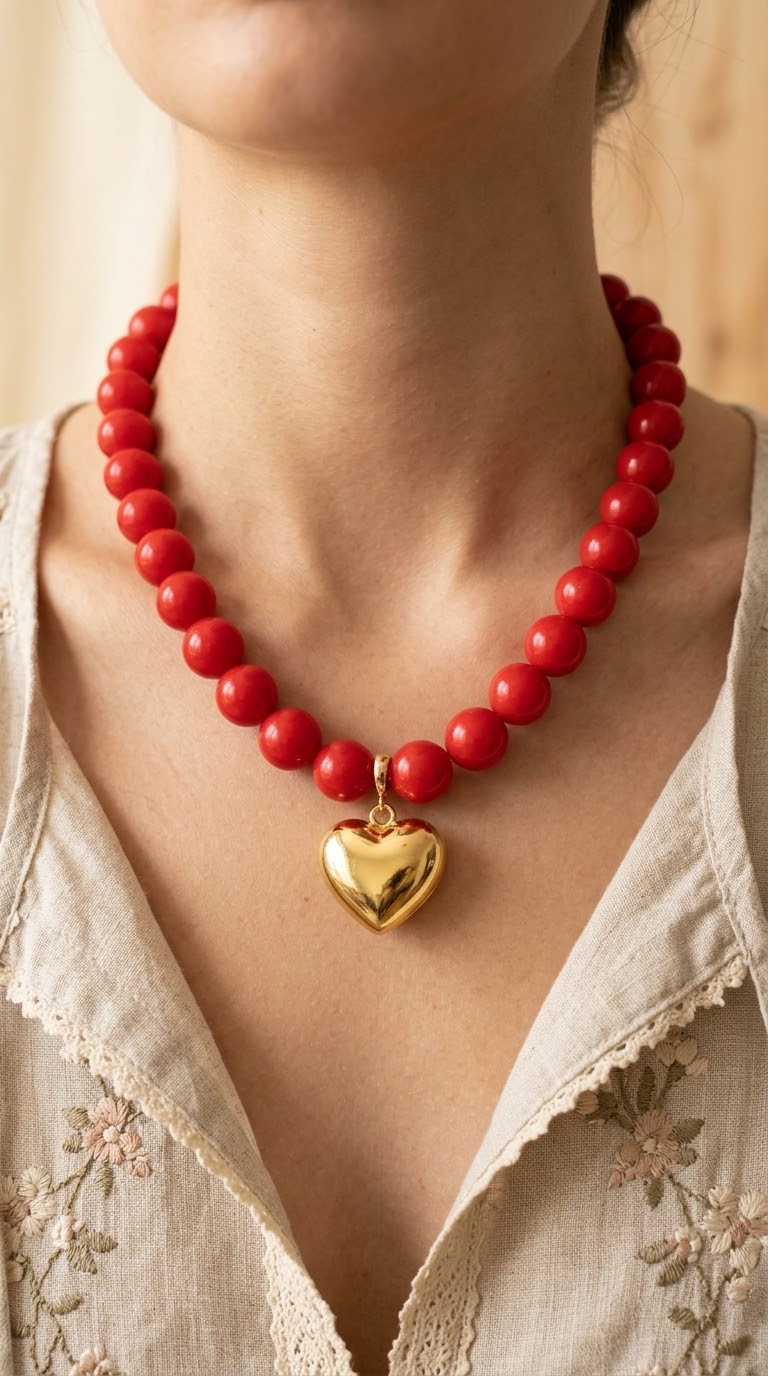 Collar de Cuentas Rojo y Corazón Enchape Oro