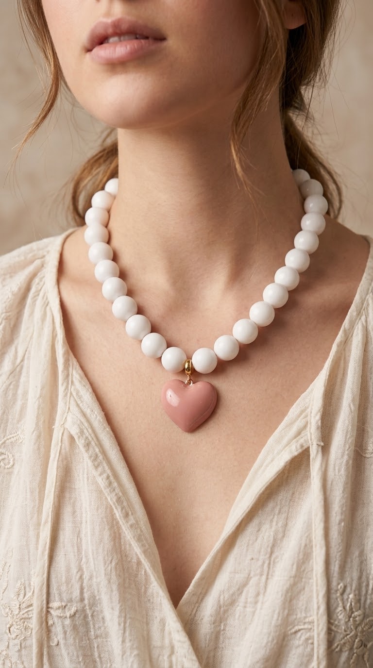 Collar Cuentas Acrílica  Blanco y Corazón Palo Rosa