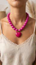 Collar Cuentas Acrílicas  Fucsia y Corazón Fucsia