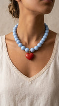 Collar Cuentas Acrílicas Celeste y Corazón Rojo
