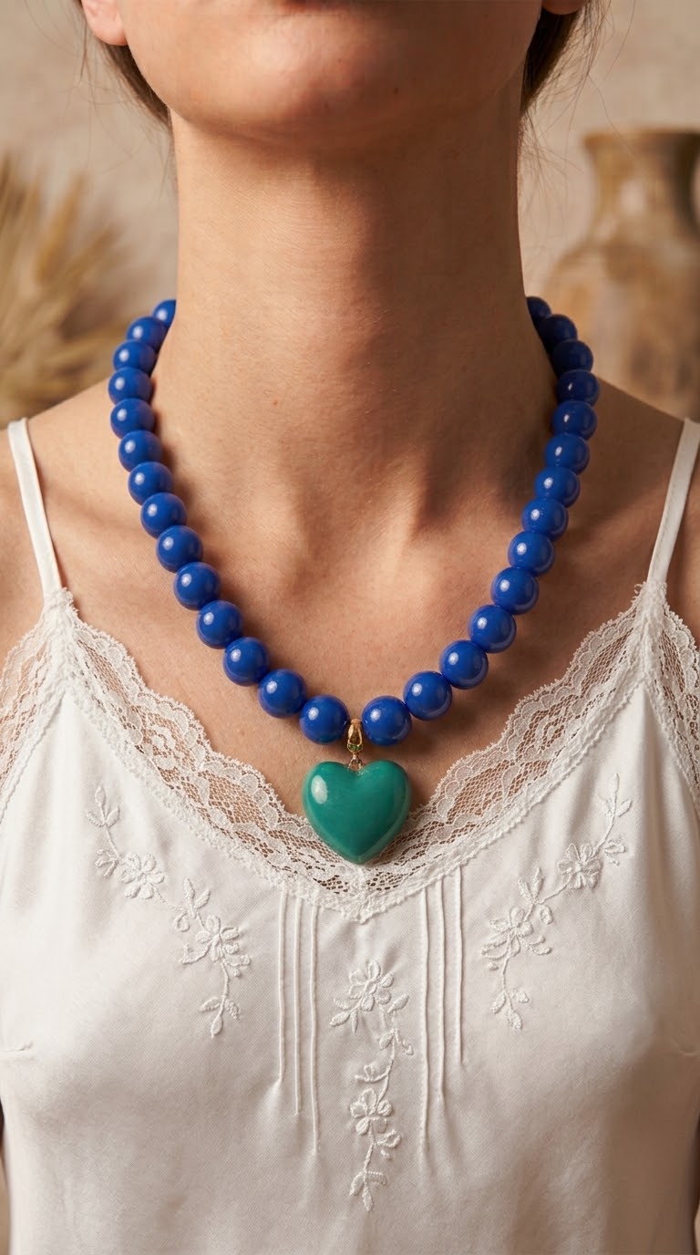 Collar Cuentas Azules y Corazón verde turquesa
