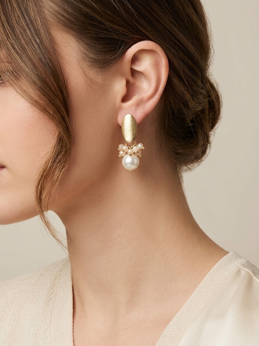 Aros perla Shell y Cristales Nude Enchape Oro