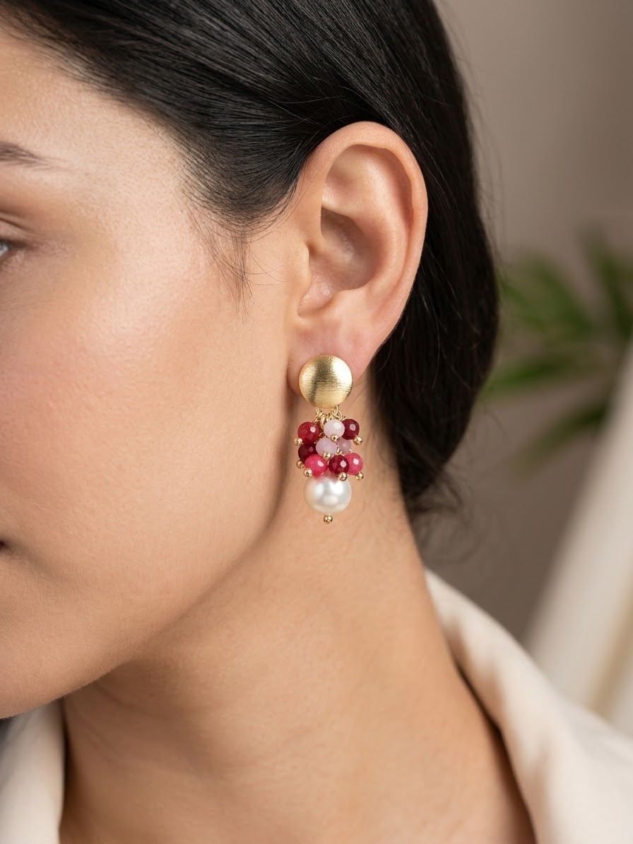 Aros Perla Shell y Agatas de Colores Enchape Oro