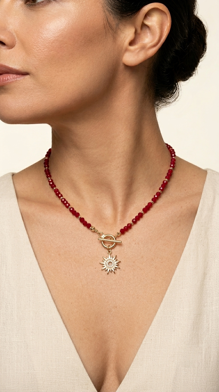 Collar Cristales Burdeo y Sol Microcircones Enchape Oro