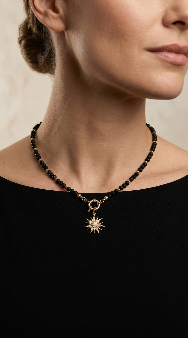 Collar Cristales Negros y Sol Microcircones Enchape Oro
