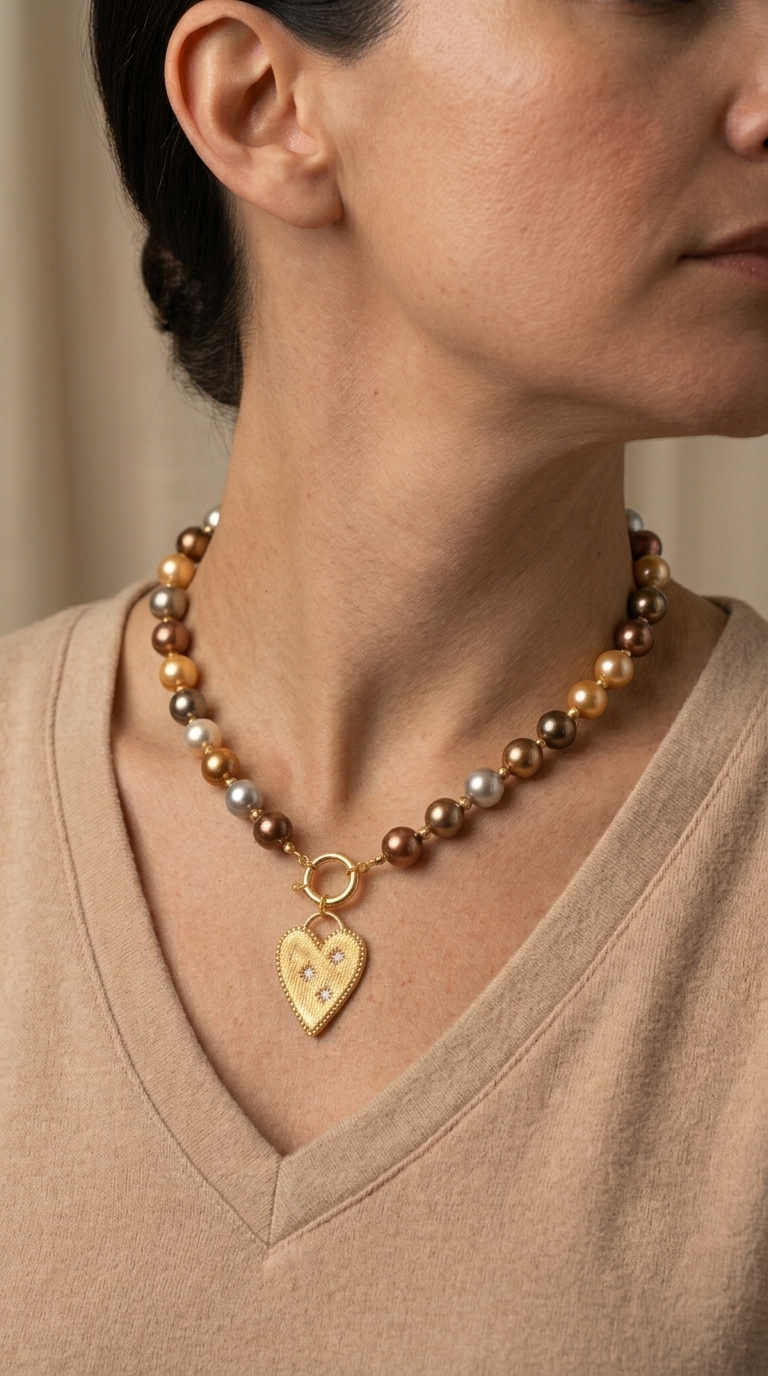 Collar Perla Shell de Colores y Corazón Enchape Oro