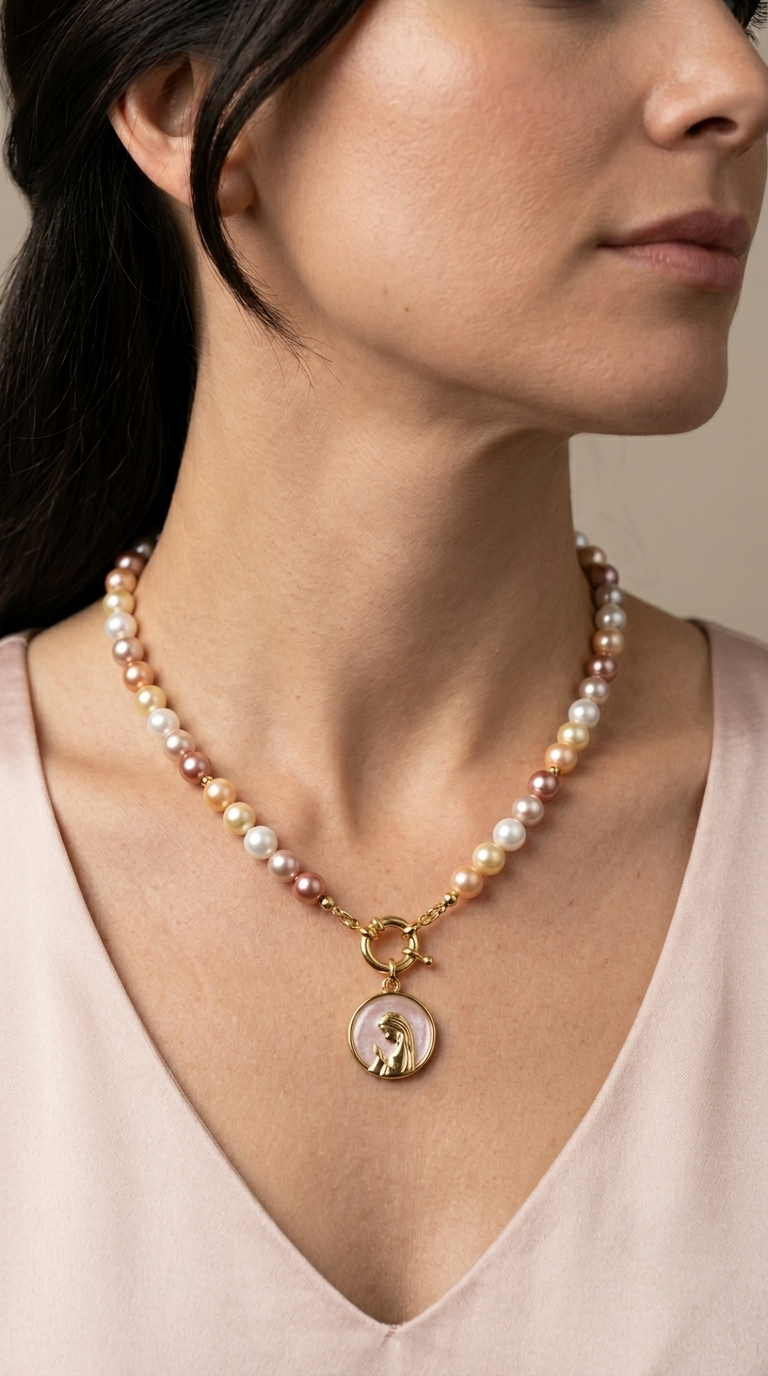 Collar Perla Shell Colores Virgen Niña Blanca Enchape Oro