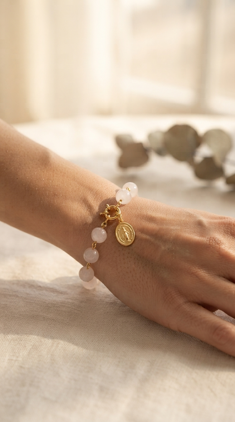 Pulsera Cuarzo Rosa y Dije Virgen