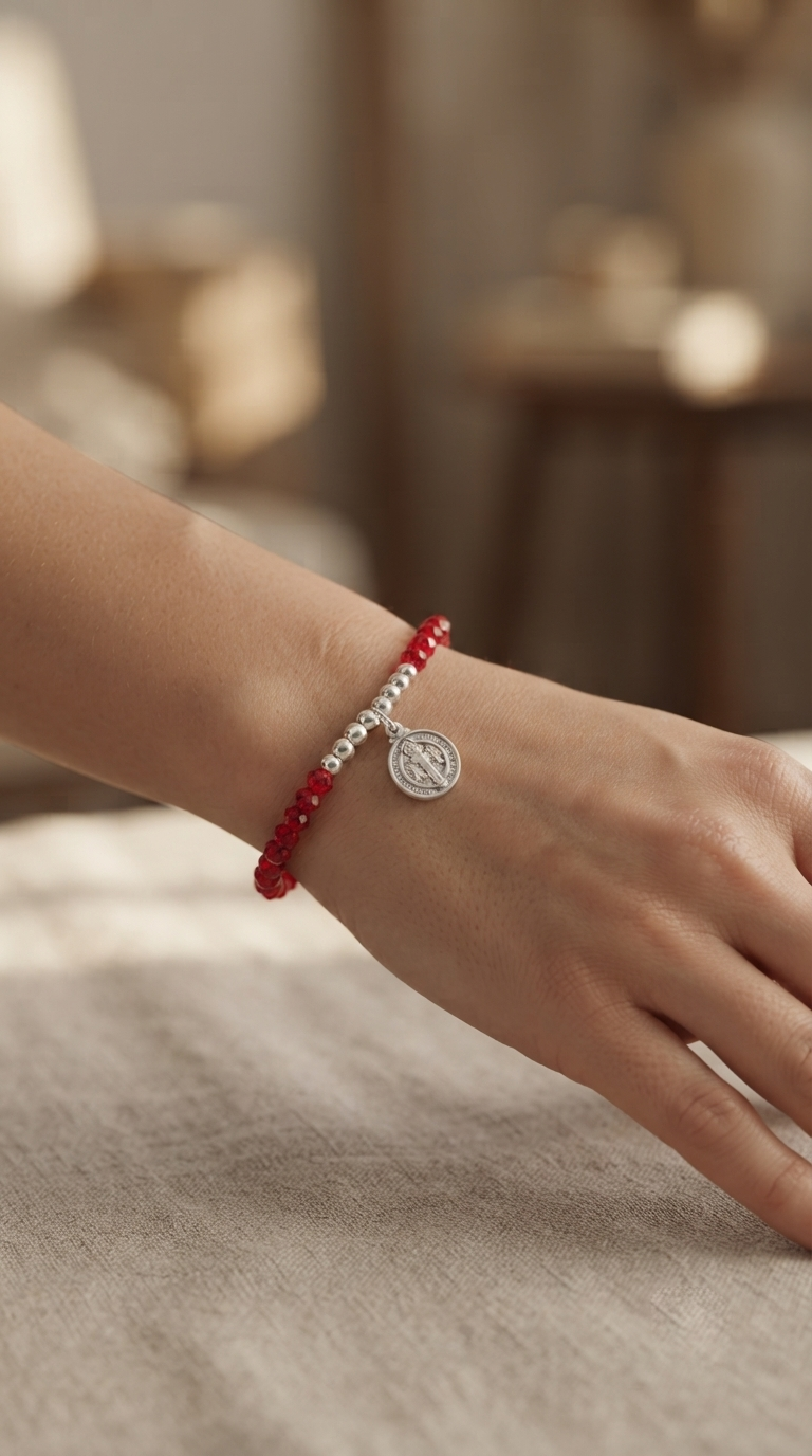 Pulsera Cristales Rojos y San Benito Enchape Plata
