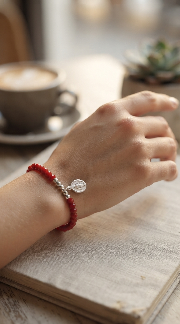 Pulsera Cristales Rojos y Virgen Enchape Plata