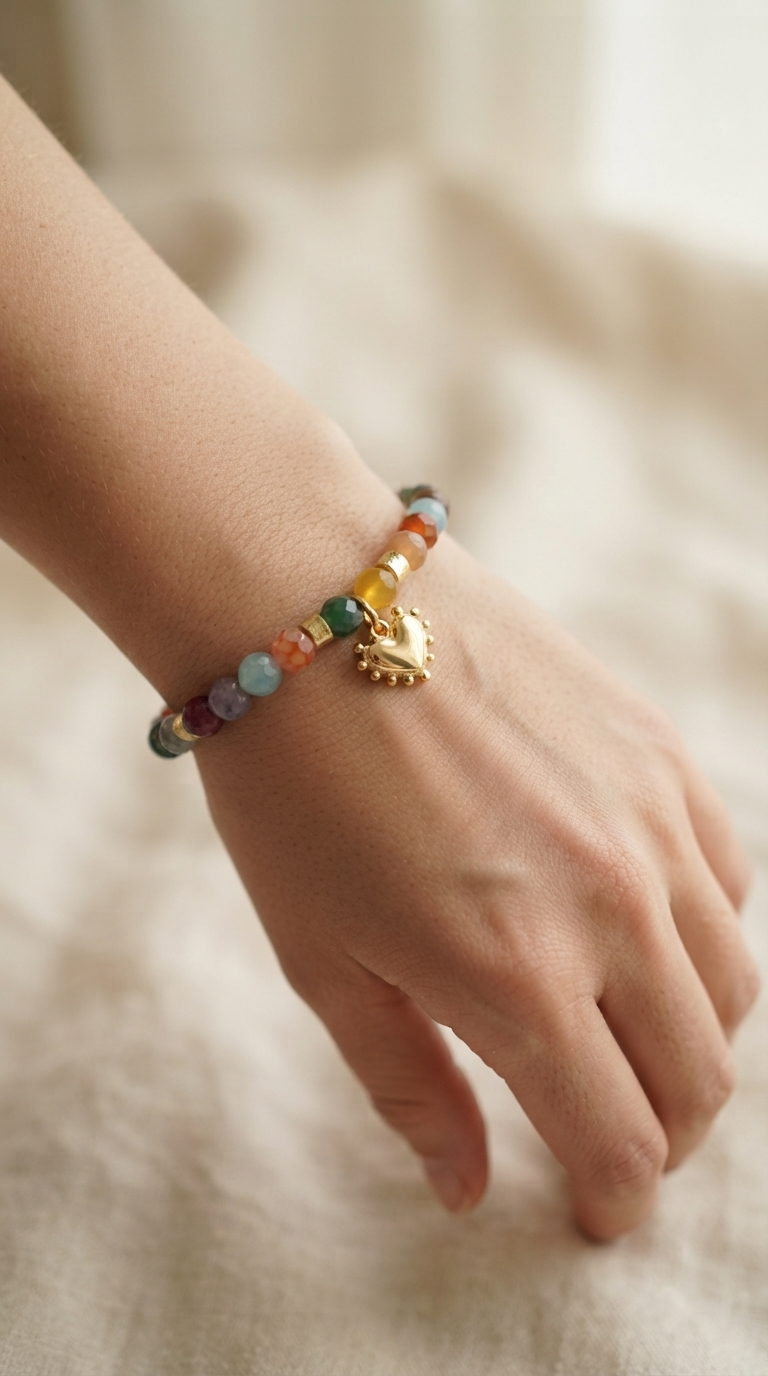 Pulsera Ágatas de Colores y Corazón Enchape Oro