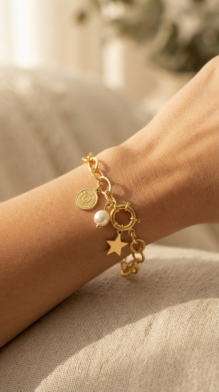 Pulsera Cadena Timón y 3 Dijes Enchape Oro