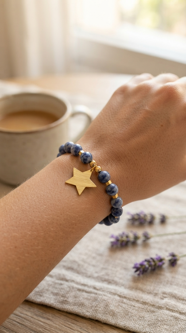 Pulsera Piedra Sodalita y Estrella Enchape Oro