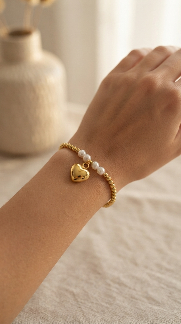Pulsera Balines Perla Shell y Corazón Inflado