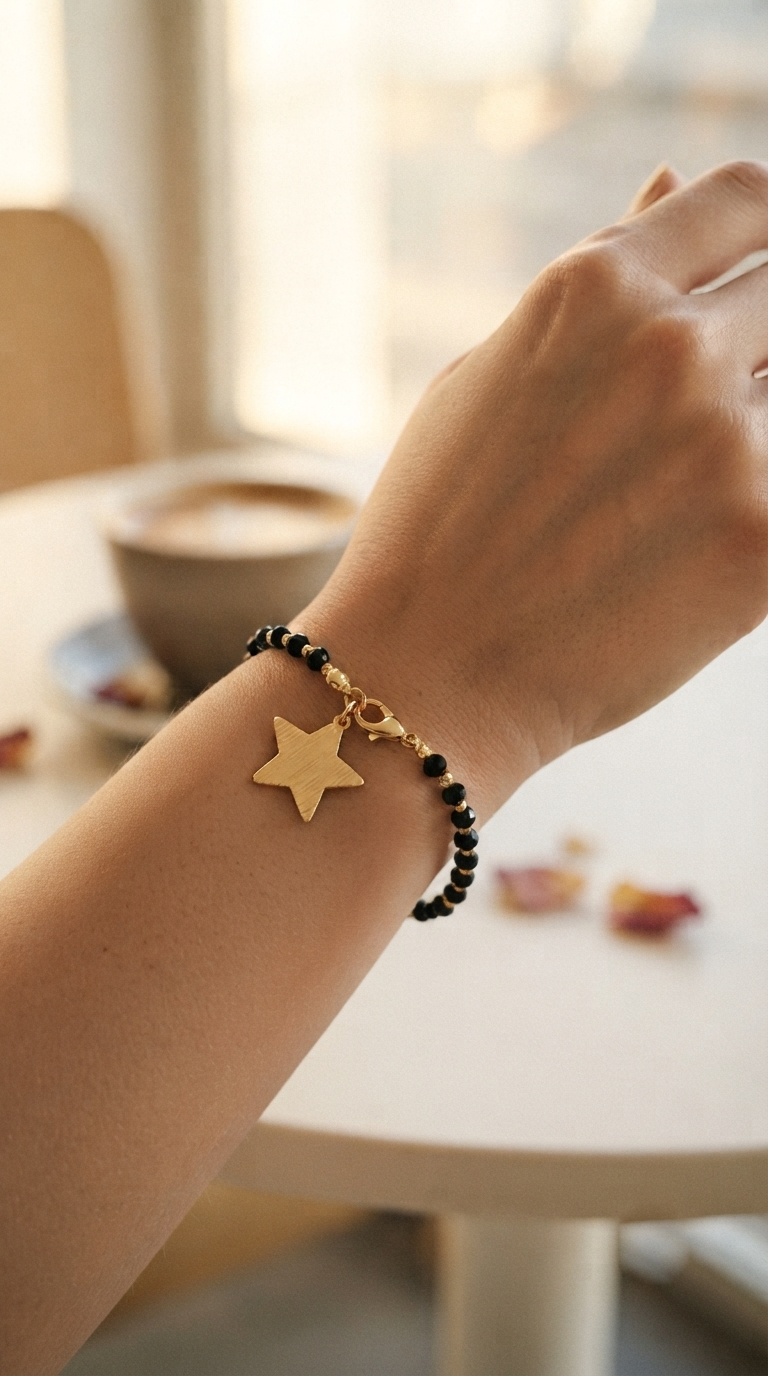 Pulsera Cristales Negros y Dije Estrella Enchape Oro