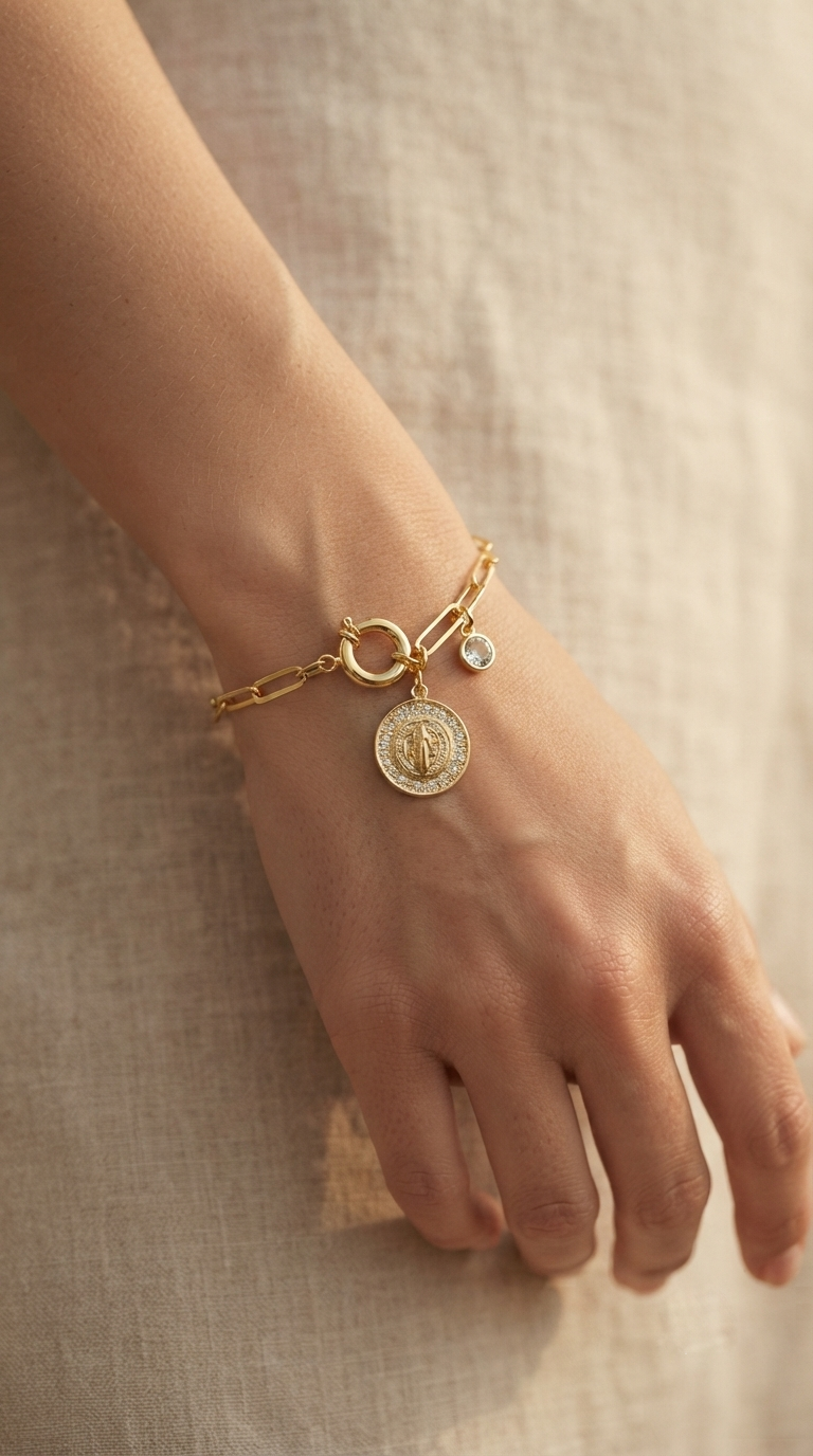 Pulsera Eslabones y San Benito Enchape Oro