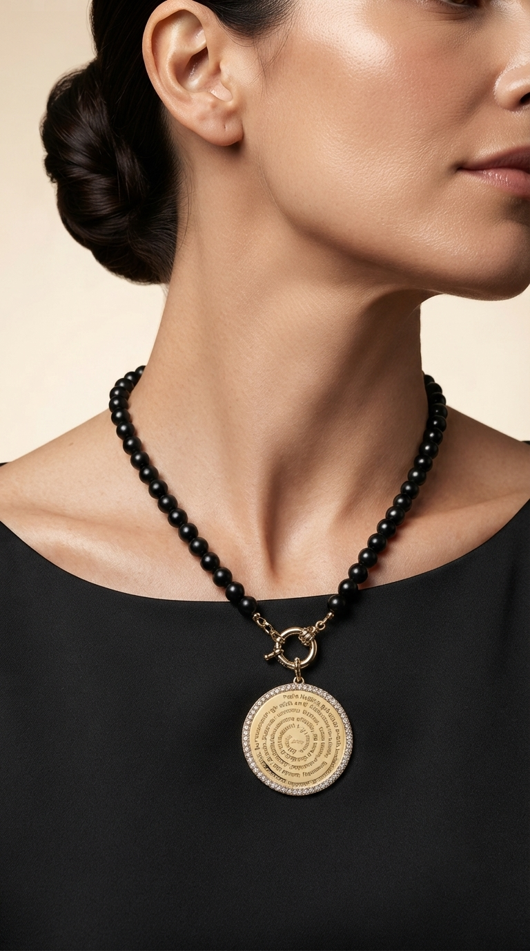 Collar Ónix y Padre Nuestro Microcircones Enchape Oro