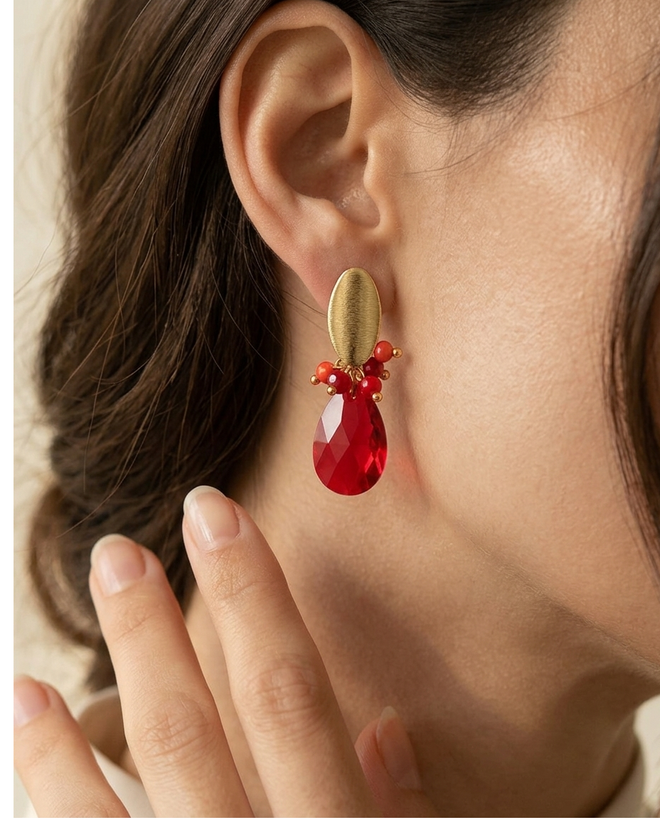 Aros Maxi Gota Cristal Rojo Enchape Oro