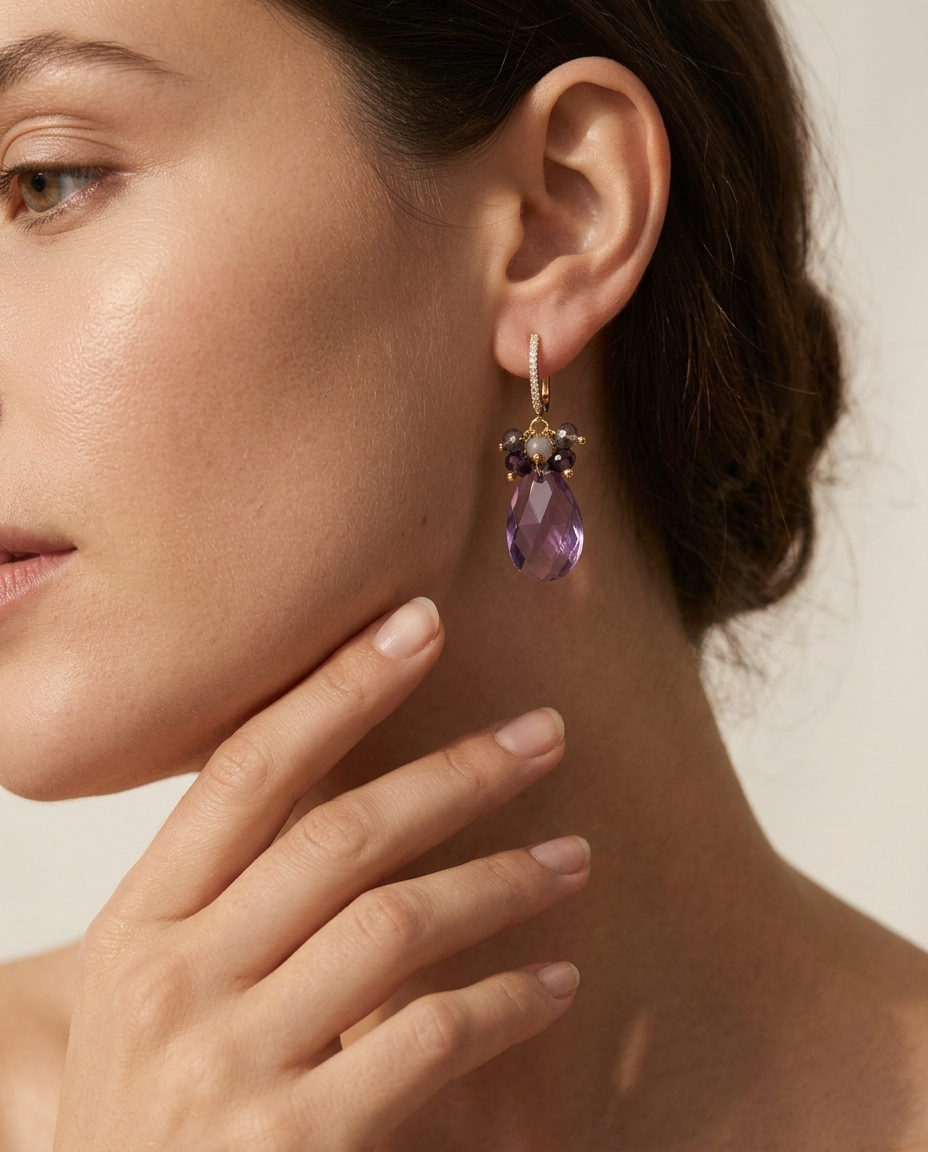 Aros Maxi Gota Cristal Lila Enchape Oro
