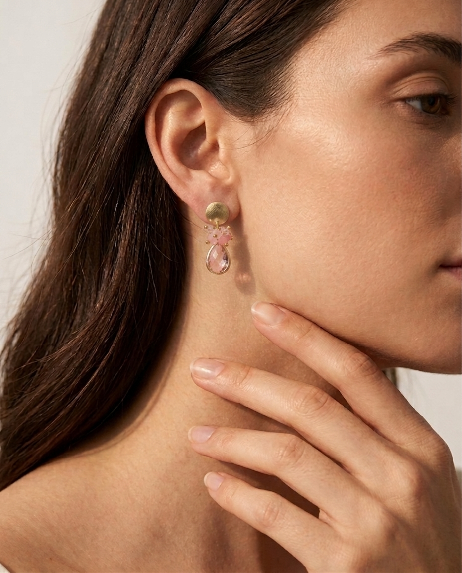 Aros Pequeños Cristal Gota Rosa  Enchape Oro