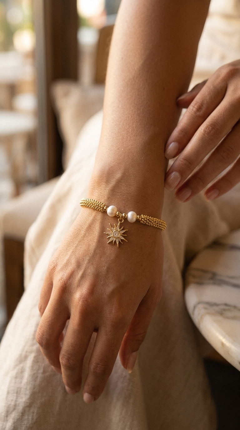 Pulsera Enchape Oro, Perlas de Rio y Sol Microcircones