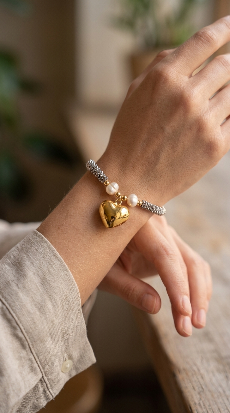 Pulsera Envejecida Perla de Rio y Corazón Inflado
