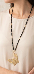 Collar Cristales Negros Mariposa Enchape Oro