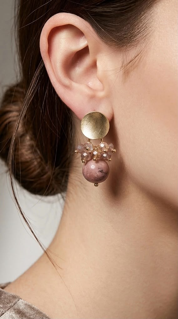 Aros Rodocrosita y Racimo Cristales Enchape Oro